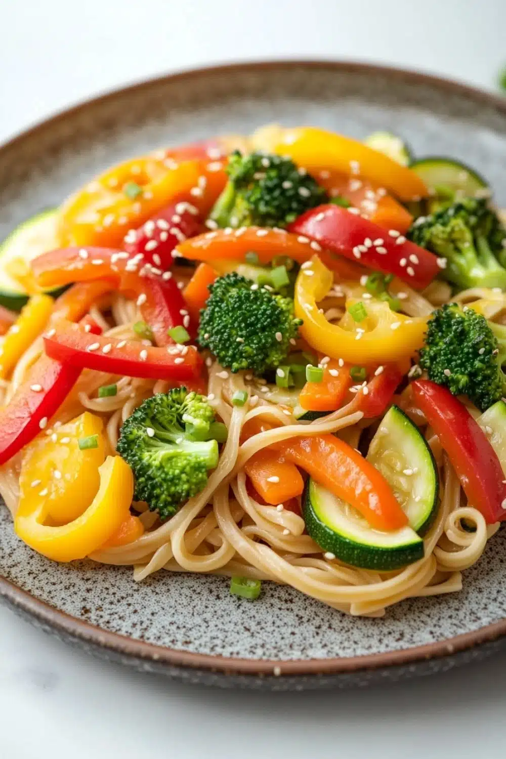Sauteed vegetables with noodles - the image is a close-up of a plate of noodles with vegetables. the noodles are light brown and appear to be stir-fried with sesame seeds. the vegetables are mixed in with the noodles, including broccoli, red and yellow bell peppers, and sliced cucumbers. the colors of the vegetables are vibrant and the dish looks fresh and appetizing. the plate is made of a dark brown ceramic with a speckled pattern. the background is white, making the colors of food stand out.