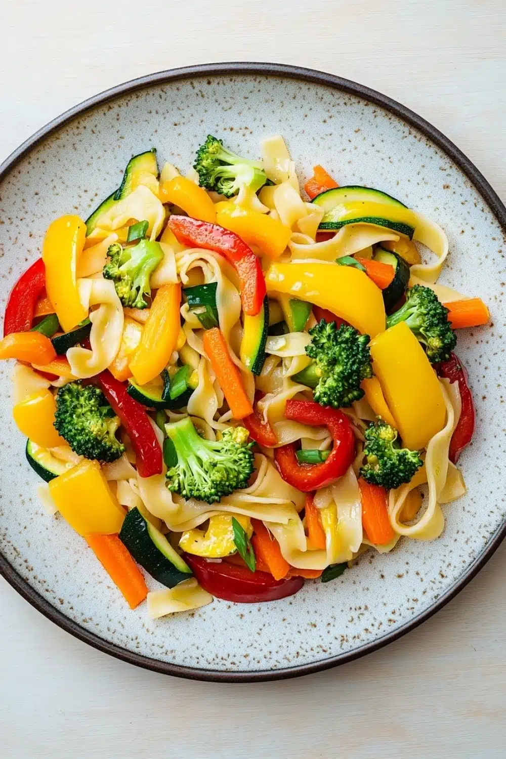 Sauteed vegetables with noodles - the image is a close-up of a plate of pasta salad. the plate is round and has a light blue rim with a speckled pattern. the pasta is fettuccine alfredo and is mixed with various vegetables such as bell peppers, broccoli, carrots, and zucchini. the vegetables are bright yellow and red in color, and they are arranged in a colorful and appetizing manner. the dish appears to be freshly cooked and ready to eat.