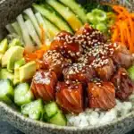 Seared tuna poke bowl - the image is a close-up of a bowl of asian-style food. the bowl is made of ceramic and has a dark brown speckled pattern. inside the bowl, there is a bed of white rice. on top of the rice, there are several pieces of grilled salmon covered in sesame seeds. on the side of the salmon, there also sliced cucumbers, carrots, and green onions. the salmon appears to be seasoned with herbs and spices. the vegetables are arranged in a colorful and appetizing manner. the background is a dark grey countertop.