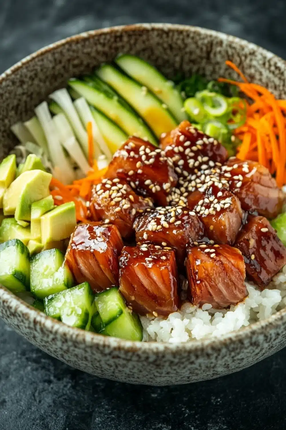 Seared tuna poke bowl - the image is a close-up of a bowl of asian-style food. the bowl is made of ceramic and has a dark brown speckled pattern. inside the bowl, there is a bed of white rice. on top of the rice, there are several pieces of grilled salmon covered in sesame seeds. on the side of the salmon, there also sliced cucumbers, carrots, and green onions. the salmon appears to be seasoned with herbs and spices. the vegetables are arranged in a colorful and appetizing manner. the background is a dark grey countertop.