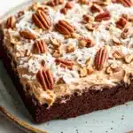 Sheet cake german chocolate - the image is of a slice of chocolate cake on a blue plate. the cake has a rich, dark brown color and is topped with a generous layer of creamy peanut butter frosting and sprinkled with chopped pecans. the frosting is drizzled over the top of the cake, creating a smooth and creamy texture. the plate is sitting on a white marble countertop.
