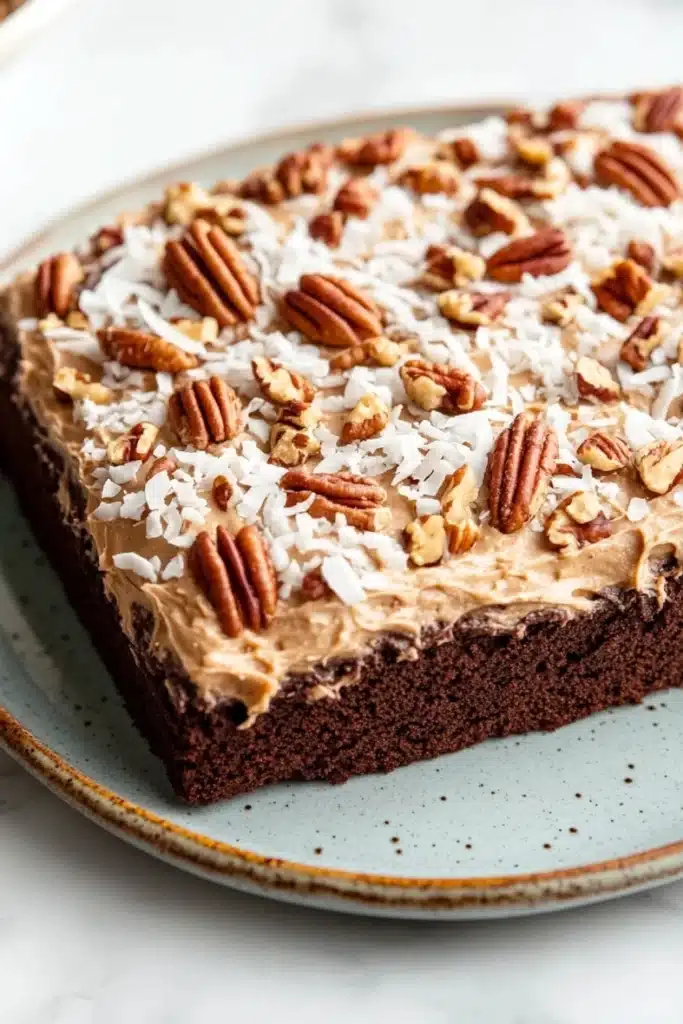 Sheet cake german chocolate - the image is of a slice of chocolate cake on a blue plate. the cake has a rich, dark brown color and is topped with a generous layer of creamy peanut butter frosting and sprinkled with chopped pecans. the frosting is drizzled over the top of the cake, creating a smooth and creamy texture. the plate is sitting on a white marble countertop.