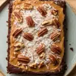 Sheet cake german chocolate - the image is of a square cake on a blue plate. the cake appears to be a chocolate brownie with a layer of caramel on top. the caramel is drizzled over the top of the cake, creating a smooth and creamy texture. there are also several pecans scattered on top, adding a crunchy texture to the cake. the plate is sitting on a wooden table.