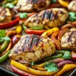 Sheet pan chicken breast with fajita veggies - the image shows a tray of grilled chicken and vegetables. the chicken is cooked to a golden brown color and appears to be seasoned with herbs and spices. the vegetables are sliced red, yellow, and green bell peppers, onions, and cilantro. the tray is lined with parchment paper and is placed on a wooden table. the background is blurred, but it seems to be a kitchen countertop.