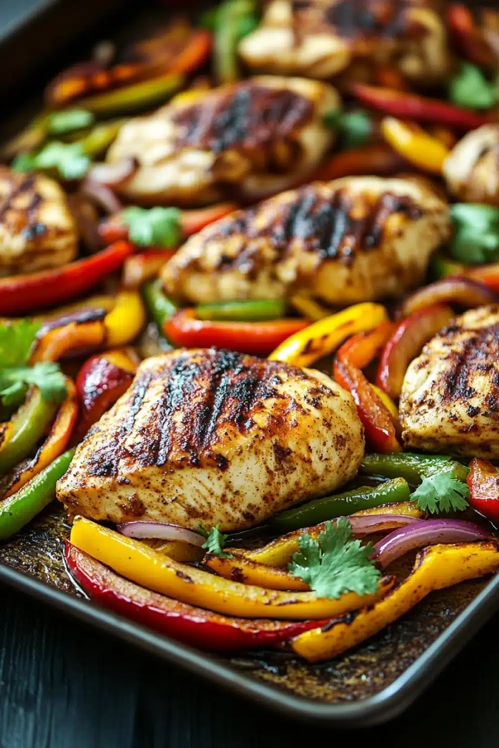 Sheet pan chicken breast with fajita veggies - the image shows a tray of grilled chicken and vegetables. the chicken is cooked to a golden brown color and appears to be seasoned with herbs and spices. the vegetables are sliced red, yellow, and green bell peppers, onions, and cilantro. the tray is lined with parchment paper and is placed on a wooden table. the background is blurred, but it seems to be a kitchen countertop.