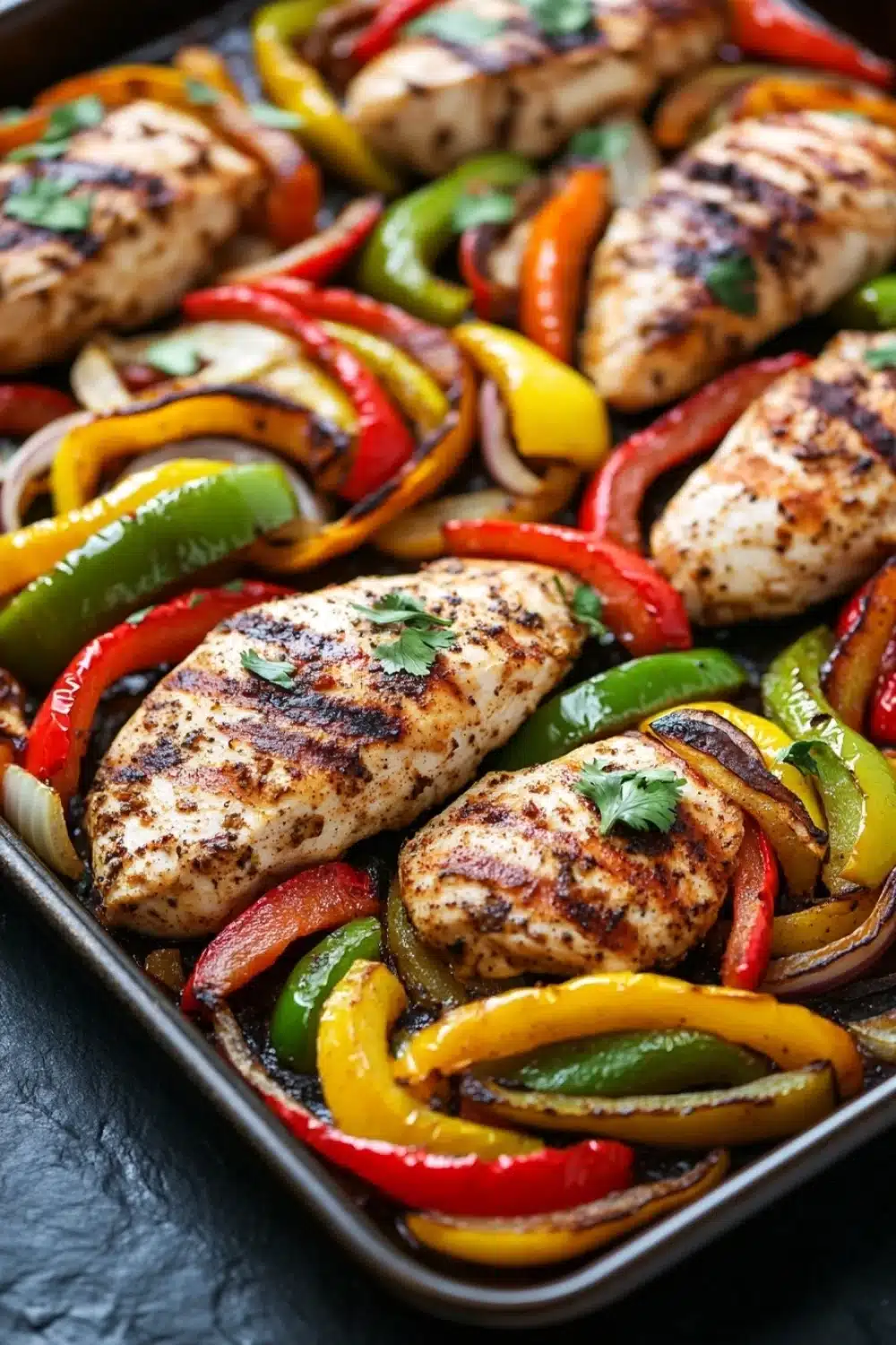 Sheet pan chicken breast with fajita veggies - the image shows a baking tray filled with grilled chicken and colorful bell peppers. the chicken is golden brown and appears to be seasoned with herbs and spices. the bell peppers are bright red, yellow, and green, and they are arranged in a circular pattern around the chicken. the tray is lined with parchment paper and is placed on a black countertop. the overall presentation of the dish is colorful and appetizing.