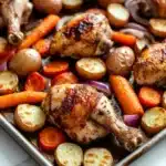 Sheet pan chicken legs and vegetables - the image shows a baking tray filled with roasted chicken and vegetables. the chicken is golden brown and appears to be seasoned with herbs and spices. the vegetables include carrots, potatoes, and onions. the tray is lined with parchment paper and is placed on a white marble countertop. the overall presentation of the dish is colorful and appetizing.