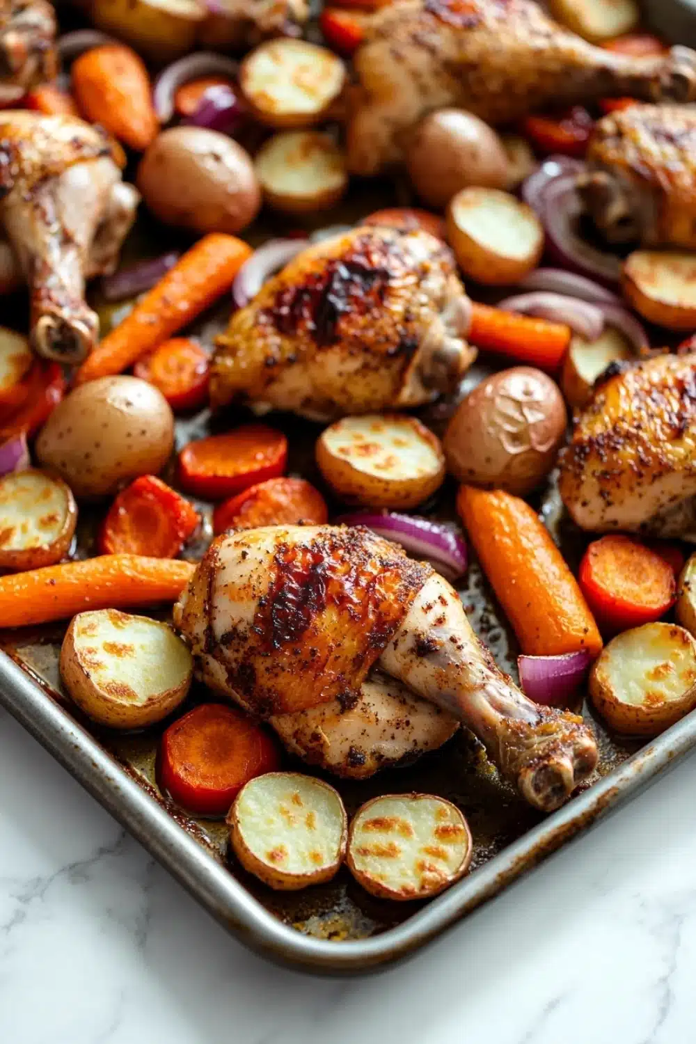 Sheet pan chicken legs and vegetables - the image shows a baking tray filled with roasted chicken and vegetables. the chicken is golden brown and appears to be seasoned with herbs and spices. the vegetables include carrots, potatoes, and onions. the tray is lined with parchment paper and is placed on a white marble countertop. the overall presentation of the dish is colorful and appetizing.