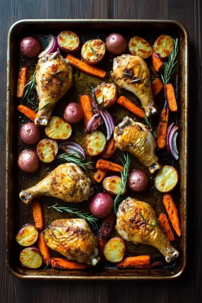 Sheet pan chicken legs and vegetables - the image shows a rectangular baking tray filled with roasted chicken and vegetables. the chicken is golden brown and appears to be seasoned with herbs and spices. the vegetables include carrots, potatoes, onions, and rosemary sprigs. the tray is lined with parchment paper and is placed on a wooden table. the overall presentation of the dish is colorful and appetizing.