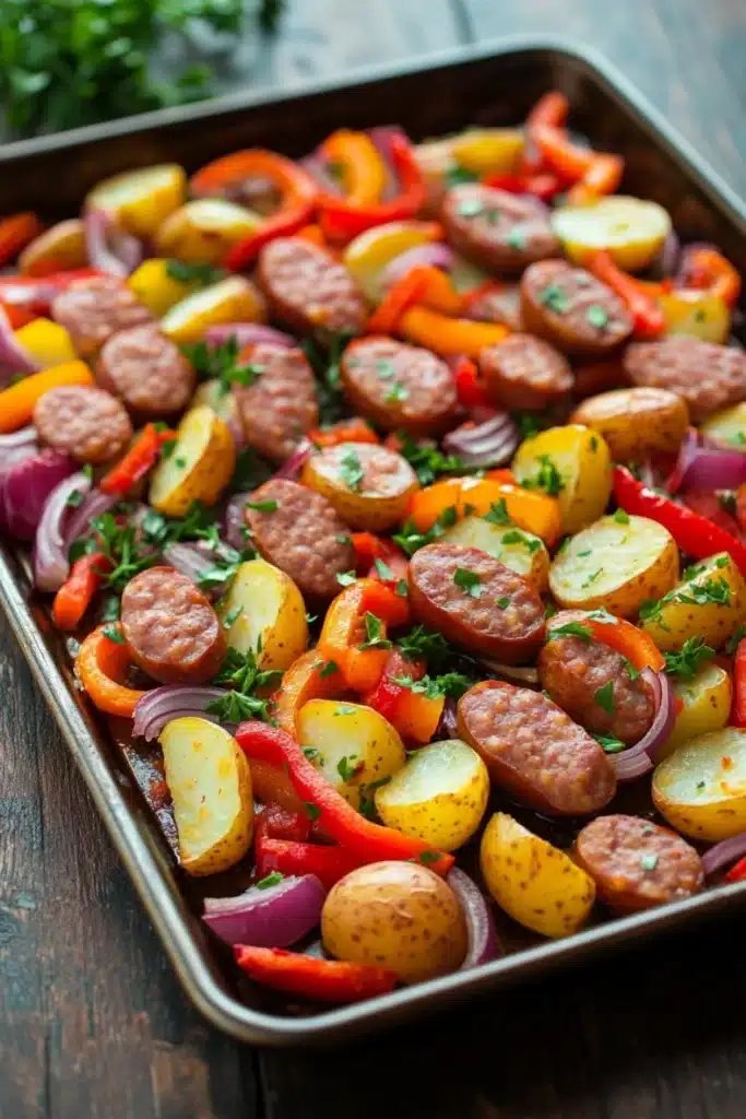 Sheet pan dinner sausage and potatoes - the image shows a rectangular baking tray filled with a colorful dish. the dish appears to be a mix of diced potatoes, red and yellow bell peppers, onions, and sausage. the potatoes are cut into small cubes and are arranged in a pile on top of each other. the sausage is cooked to a golden brown color and is garnished with fresh herbs. the vegetables are mixed together with the sausage and onions, creating a colorful and appetizing presentation. the tray is sitting on a wooden table with a sprig of parsley on the side.