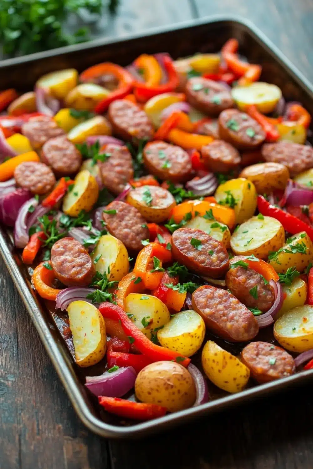 Sheet pan dinner sausage and potatoes - the image shows a rectangular baking tray filled with a colorful dish. the dish appears to be a mix of diced potatoes, red and yellow bell peppers, onions, and sausage. the potatoes are cut into small cubes and are arranged in a pile on top of each other. the sausage is cooked to a golden brown color and is garnished with fresh herbs. the vegetables are mixed together with the sausage and onions, creating a colorful and appetizing presentation. the tray is sitting on a wooden table with a sprig of parsley on the side.
