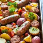Sheet pan dinner sausage and potatoes - the image shows a baking tray filled with cooked sausages and potatoes. the tray is lined with parchment paper and is placed on a wooden table. the potatoes are cut into small cubes and are arranged in a single layer on the tray. there are also small pieces of red and yellow bell peppers scattered throughout the dish. on top of the potatoes, there is a sprig of parsley. the dish appears to be a colorful and appetizing meal.