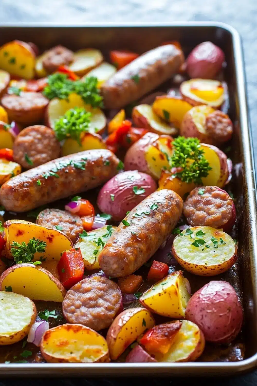 Sheet pan dinner sausage and potatoes - the image shows a baking tray filled with cooked sausages and potatoes. the tray is lined with parchment paper and is placed on a wooden table. the potatoes are cut into small cubes and are arranged in a single layer on the tray. there are also small pieces of red and yellow bell peppers scattered throughout the dish. on top of the potatoes, there is a sprig of parsley. the dish appears to be a colorful and appetizing meal.