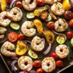 Sheet pan dinner with shrimp and vegetables - the image shows a tray of grilled shrimp and vegetables on a wooden table. the shrimp are cooked medium-sized and have a golden-brown color. they are arranged in a circular pattern on the tray, with some overlapping each other. the vegetables include sliced zucchini, cherry tomatoes, red onions, and yellow bell peppers. there are also some herbs sprinkled on top, adding a pop of color to the dish. the tray appears to be freshly baked and ready to be served.