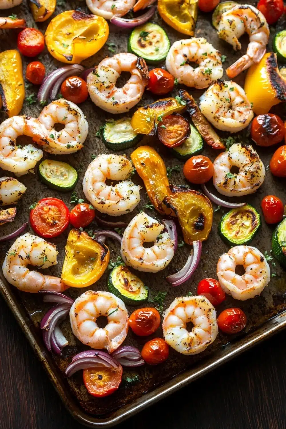 Sheet pan dinner with shrimp and vegetables - the image shows a tray of grilled shrimp and vegetables on a wooden table. the shrimp are cooked medium-sized and have a golden-brown color. they are arranged in a circular pattern on the tray, with some overlapping each other. the vegetables include sliced zucchini, cherry tomatoes, red onions, and yellow bell peppers. there are also some herbs sprinkled on top, adding a pop of color to the dish. the tray appears to be freshly baked and ready to be served.
