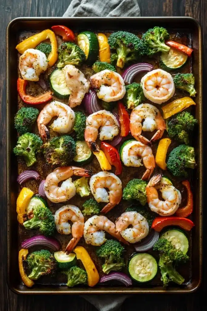 Sheet pan dinner with shrimp and vegetables - the image shows a rectangular baking tray filled with cooked shrimp and vegetables. the shrimp are pink and appear to be seasoned with herbs and spices. the vegetables include broccoli, zucchini, red onions, and yellow bell peppers. the tray is placed on a wooden table with a gray cloth napkin on the side. the background is dark, making the colors of the vegetables stand out.