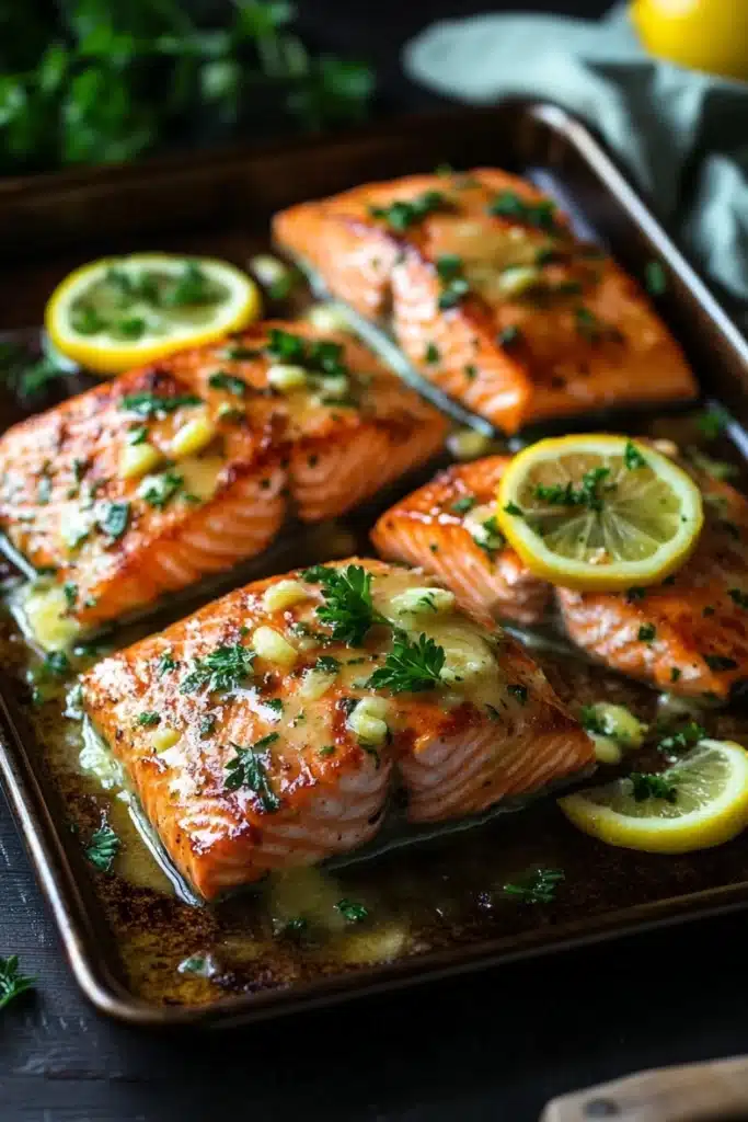 Sheet pan garlic lemon butter salmon - the image shows four pieces of salmon fillets on a baking tray. the salmon is cooked to a golden brown color and is garnished with fresh herbs and lemon wedges. the tray is placed on a dark wooden table with a few sprigs of parsley scattered around it. the background is blurred, but it appears to be a kitchen countertop. the overall mood of the image is fresh and appetizing.