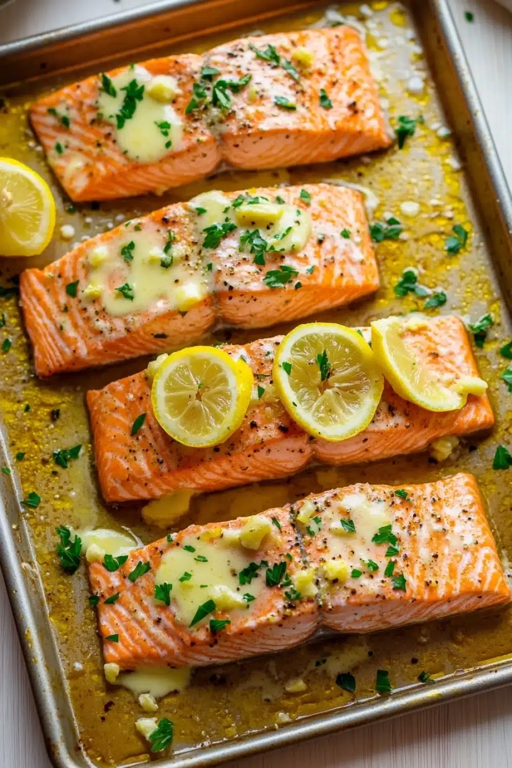 Sheet pan garlic lemon butter salmon - the image shows three pieces of salmon on a baking tray. the salmon is cooked to a golden brown color and is garnished with lemon wedges and chopped parsley. the tray is lined with parchment paper and there is a white napkin on the side. the background is blurred, but it appears to be a wooden table.