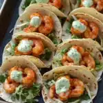 Sheet pan spicy shrimp tacos with jalapeno lime crema - the image shows a tray of small shrimp tacos on a black slate tray. the tacos are arranged in a single layer on the tray and are filled with shrimp, lettuce, and other ingredients. the shrimp are cooked and appear to be seasoned with herbs and spices. the tray is lined with parchment paper and there is a sprig of cilantro on the side. the background is blurred, but it appears to be a kitchen countertop.
