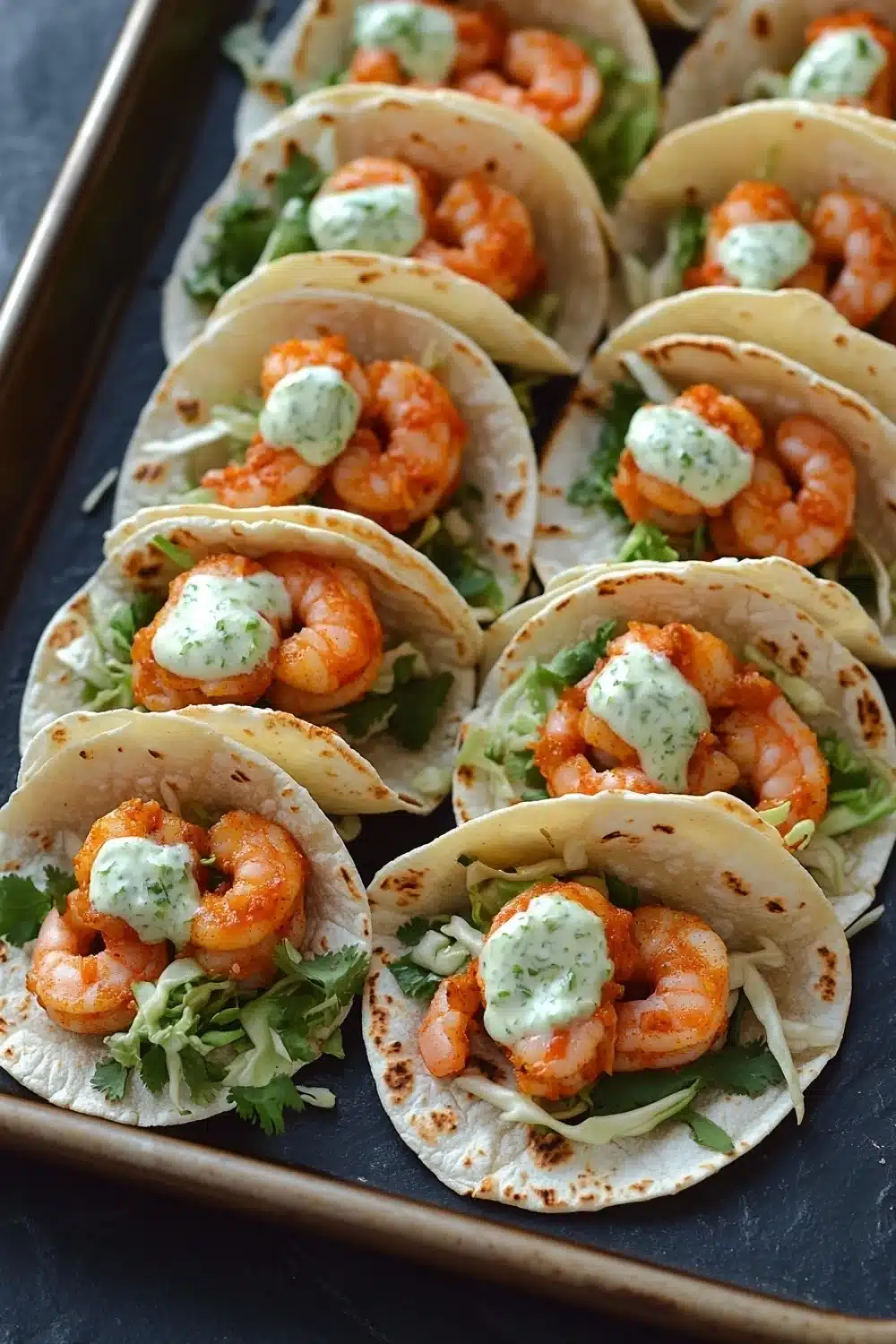 Sheet pan spicy shrimp tacos with jalapeno lime crema - the image shows a tray of small shrimp tacos on a black slate tray. the tacos are arranged in a single layer on the tray and are filled with shrimp, lettuce, and other ingredients. the shrimp are cooked and appear to be seasoned with herbs and spices. the tray is lined with parchment paper and there is a sprig of cilantro on the side. the background is blurred, but it appears to be a kitchen countertop.