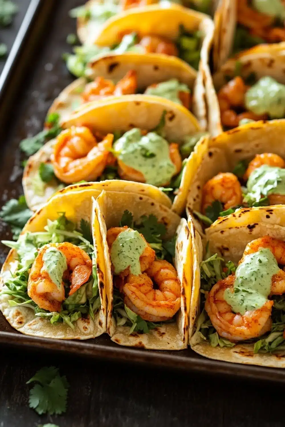 Sheet pan spicy shrimp tacos with jalapeno lime crema - the image shows a tray of shrimp tacos on a wooden table. the tacos are made with a tortilla shell and are filled with shrimp, lettuce, and a creamy green sauce. the shrimp are cooked medium-sized and appear to be seasoned with herbs and spices. the tray is lined with cilantro leaves, adding a pop of green color to the dish. the background is blurred, but it appears to be a kitchen countertop.