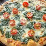 Sheet pan spinach dip pizza - the image is of a freshly baked pizza on a wooden cutting board. the pizza has a golden brown crust and is topped with a generous amount of melted cheese. on top of the cheese, there are several slices of cherry tomatoes arranged in a circular pattern. the tomatoes are bright red and appear to be seasoned with herbs and spices. the cutting board is resting on a dark wooden table with a white cloth napkin on the side. the background is blurred, but it appears to be a kitchen countertop.