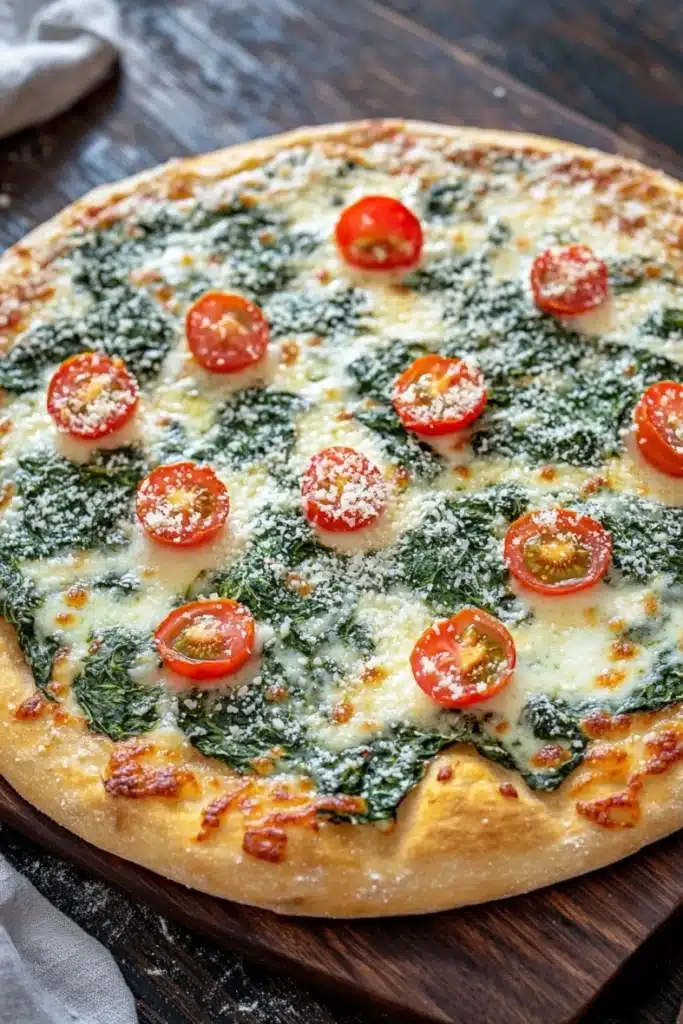 Sheet pan spinach dip pizza - the image is of a freshly baked pizza on a wooden cutting board. the pizza has a golden brown crust and is topped with a generous amount of melted cheese. on top of the cheese, there are several slices of cherry tomatoes arranged in a circular pattern. the tomatoes are bright red and appear to be seasoned with herbs and spices. the cutting board is resting on a dark wooden table with a white cloth napkin on the side. the background is blurred, but it appears to be a kitchen countertop.