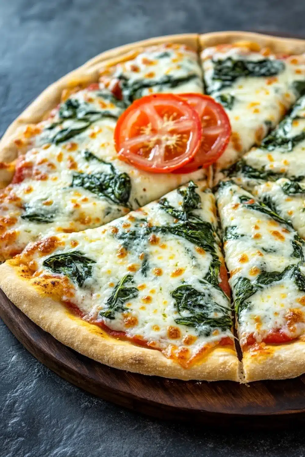 Sheet pan spinach dip pizza - the image is of a freshly baked pizza on a wooden cutting board. the pizza has a golden brown crust and is topped with melted cheese and fresh spinach leaves. there are two slices of tomato on top of the cheese, one on each side of the pizza. the background is a dark grey countertop.