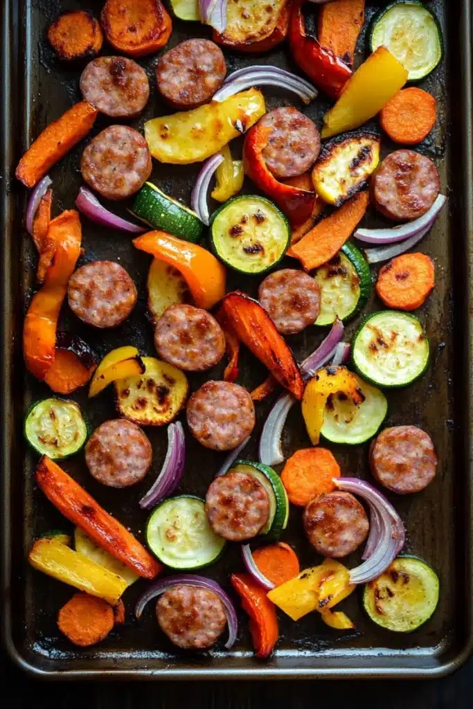 Sheet pan vegetables and sausage - the image shows a baking tray lined with parchment paper. on the tray, there are various types of vegetables, including sliced zucchini, red onions, and yellow bell peppers. the vegetables are arranged in a circular pattern, with some overlapping each other. the tray appears to be freshly baked and ready to be served. the background is dark, making the colors of the vegetables stand out.