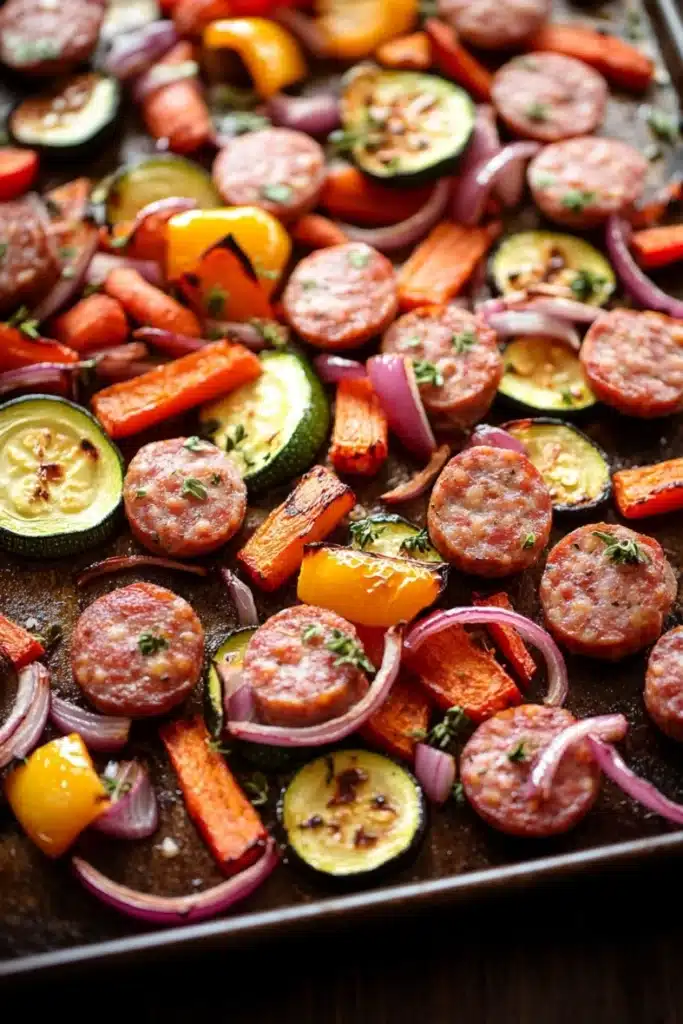 Sheet pan vegetables and sausage - the image shows a tray of roasted vegetables on a wooden table. the vegetables are arranged in a circular pattern on the tray, with some overlapping each other. there are small pieces of sausage, zucchini, carrots, and bell peppers scattered throughout the tray. the sausage is golden brown and appears to be seasoned with herbs and spices. the bell peppers are bright orange and yellow, and the onions are red. the tray is lined with parchment paper, and there is a sprinkle of herbs on top. the overall appearance of the dish is colorful and appetizing.