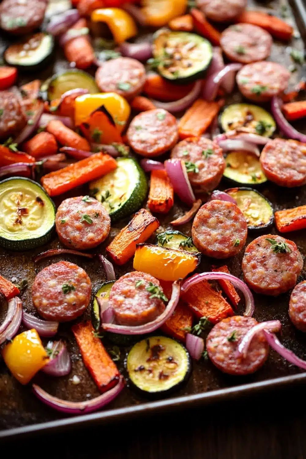 Sheet pan vegetables and sausage - the image shows a tray of roasted vegetables on a wooden table. the vegetables are arranged in a circular pattern on the tray, with some overlapping each other. there are small pieces of sausage, zucchini, carrots, and bell peppers scattered throughout the tray. the sausage is golden brown and appears to be seasoned with herbs and spices. the bell peppers are bright orange and yellow, and the onions are red. the tray is lined with parchment paper, and there is a sprinkle of herbs on top. the overall appearance of the dish is colorful and appetizing.