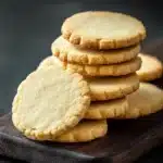 Shortbread cookie illustration - the image shows a stack of freshly baked cookies on a wooden cutting board. the cookies are golden brown in color and appear to be soft and chewy. they are arranged in a neat stack, with some overlapping each other. the cutting board is placed on a dark grey surface, and the background is blurred, making the cookies the focal point of the image.