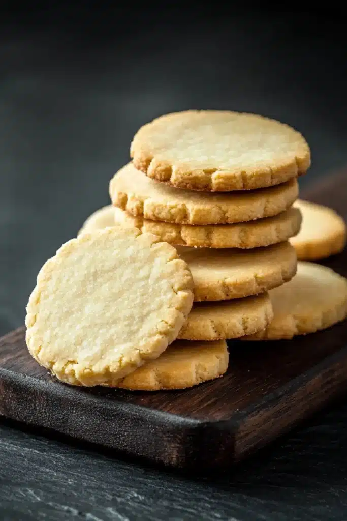 Shortbread cookie illustration - the image shows a stack of freshly baked cookies on a wooden cutting board. the cookies are golden brown in color and appear to be soft and chewy. they are arranged in a neat stack, with some overlapping each other. the cutting board is placed on a dark grey surface, and the background is blurred, making the cookies the focal point of the image.