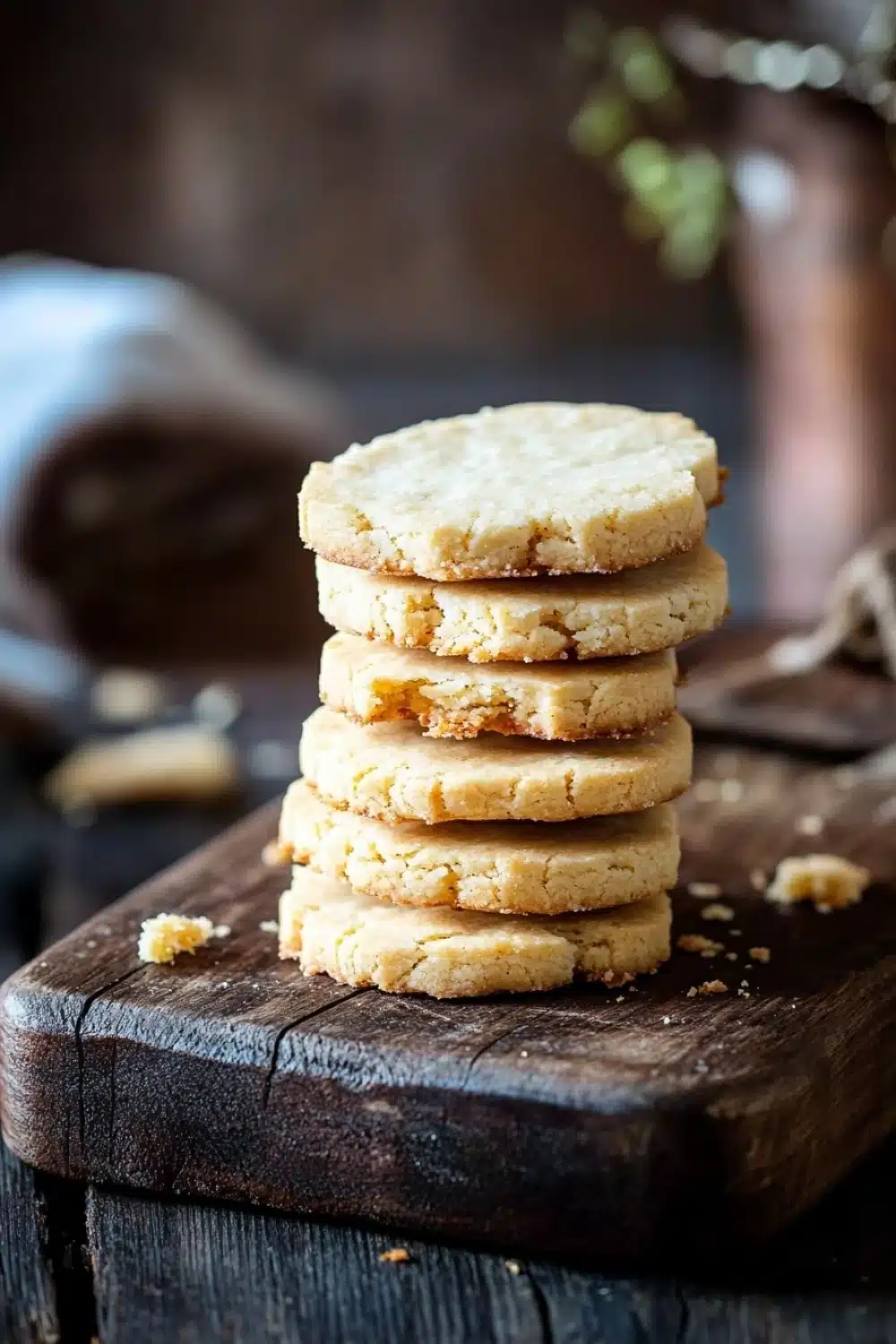 Shortbread cookie illustration - the image shows a stack of freshly baked cookies on a wooden cutting board. the cookies are golden brown in color and appear to be soft and chewy. they are stacked on top of each other, with the top cookie slightly overlapping the bottom one. the cutting board is placed on a rustic wooden table, with a blurred background of greenery and a white cloth napkin. the overall mood of the image is warm and inviting.