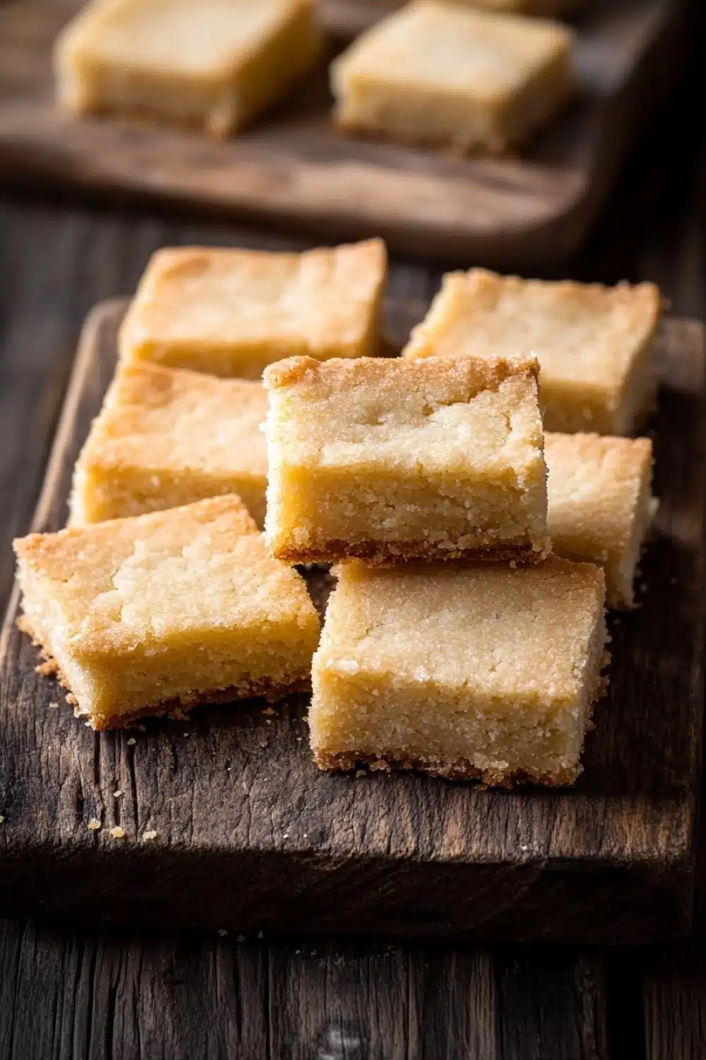 Shortbread cookie squares - the image shows a wooden cutting board with several square-shaped bars stacked on top of each other. the bars appear to be freshly baked and have a golden-brown color with a crumbly texture. they are arranged in a neat row on the board, with some overlapping each other, and there are a few more bars visible in the background. the cutting board is placed on a dark wooden table, and the background is blurred, making the bars the focal point of the image.