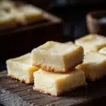 Shortbread cookie squares - the image shows a wooden cutting board with several square-shaped bars stacked on top of each other. the bars appear to be freshly baked and have a golden-brown color. they are arranged in a neat stack, with some overlapping each other, and there is a small wooden bowl on the right side of the board. the background is dark and out of focus, making the bars the focal point of the image.