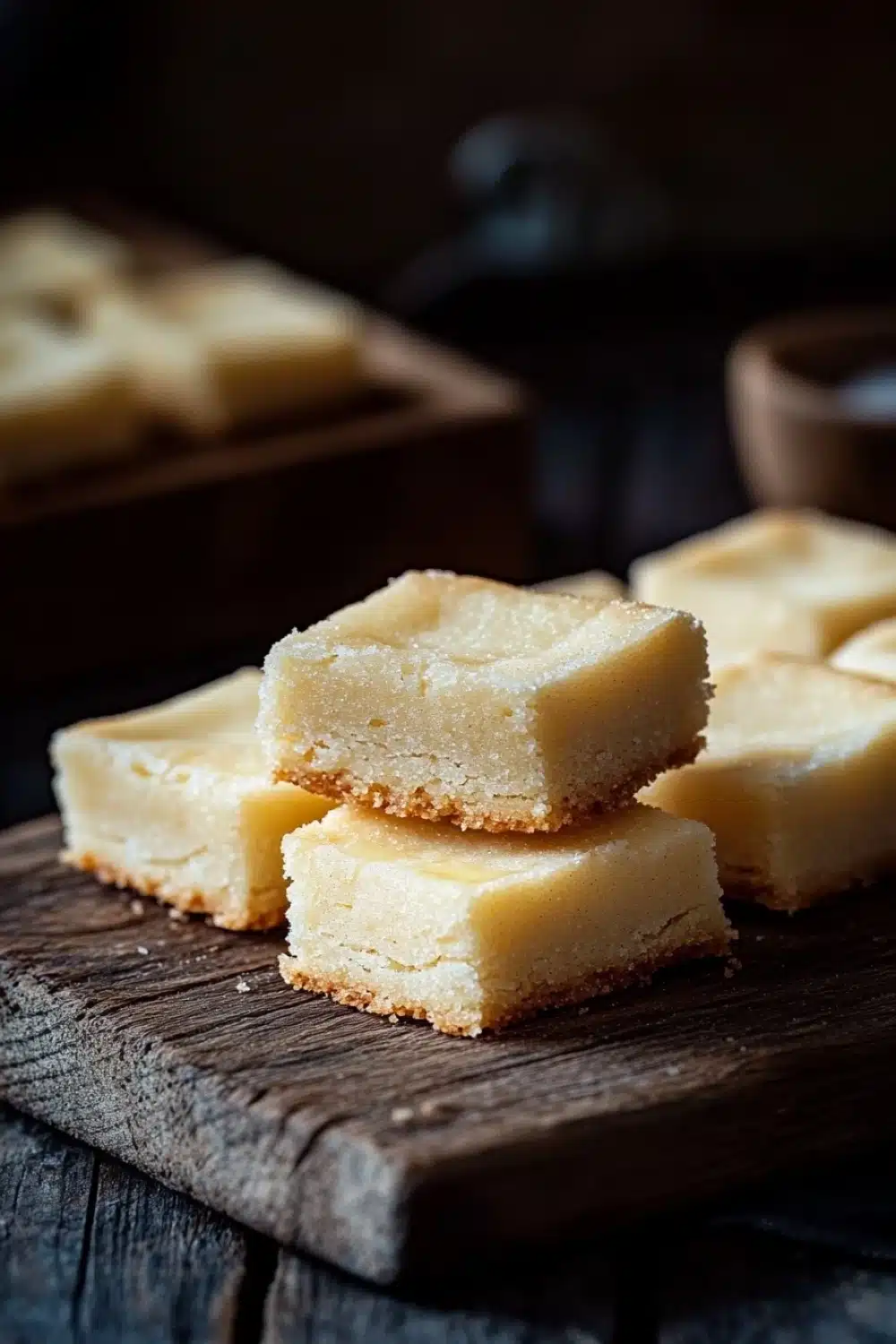 Shortbread cookie squares - the image shows a wooden cutting board with several square-shaped bars stacked on top of each other. the bars appear to be freshly baked and have a golden-brown color. they are arranged in a neat stack, with some overlapping each other, and there is a small wooden bowl on the right side of the board. the background is dark and out of focus, making the bars the focal point of the image.