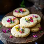 Shortbread cookie with edible flowers - the image shows a wooden cutting board with six round cookies on it. the cookies are golden brown and have a crumbly texture. each cookie is decorated with small colorful flowers in shades of pink, orange, yellow, and green. the flowers are scattered around the board, adding a pop of color to the image. in the background, there is a wooden bowl filled with more cookies, and a few more cookies scattered on the table. the overall mood of the image is rustic and cozy.