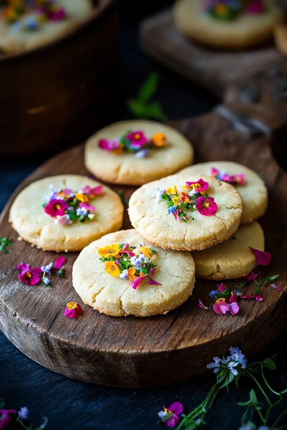 Shortbread cookie with edible flowers - the image shows a wooden cutting board with six round cookies on it. the cookies are golden brown and have a crumbly texture. each cookie is decorated with small colorful flowers in shades of pink, orange, yellow, and green. the flowers are scattered around the board, adding a pop of color to the image. in the background, there is a wooden bowl filled with more cookies, and a few more cookies scattered on the table. the overall mood of the image is rustic and cozy.