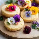 Shortbread cookie with edible flowers - the image shows a wooden serving board with six round cookies on it. the cookies are decorated with colorful pansies in shades of pink, purple, yellow, and orange. the pansies are arranged in a circular pattern on the board, with some overlapping each other. the board is placed on a white marble countertop, and there are a few scattered pansies scattered around the board. the overall aesthetic of the image is bright and cheerful.