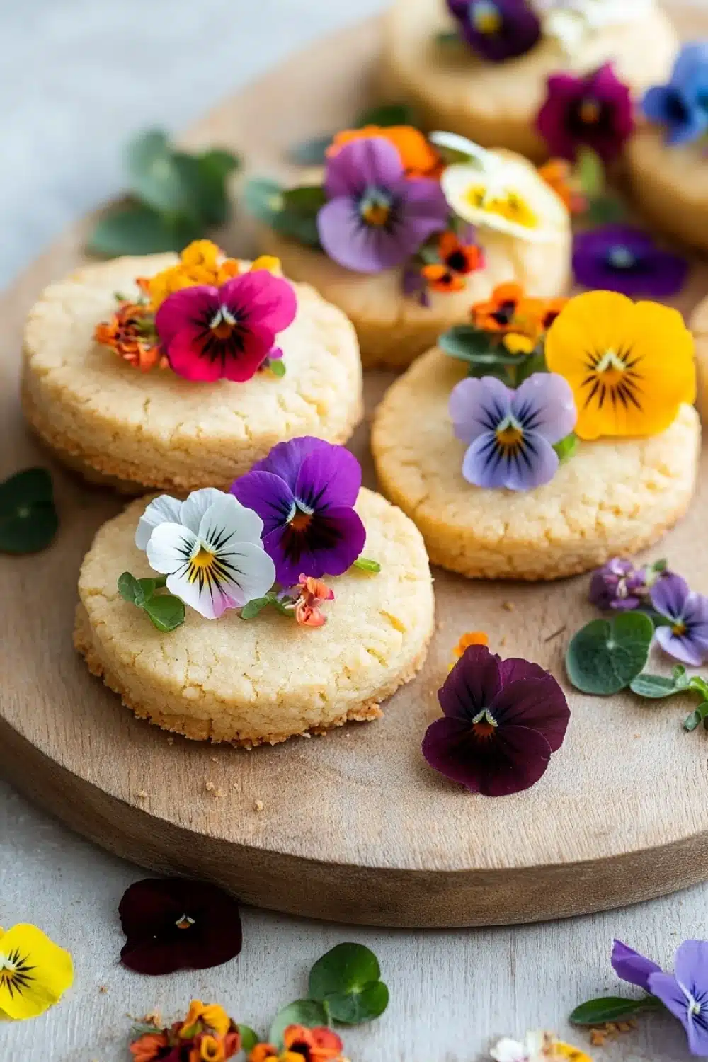 Shortbread cookie with edible flowers - the image shows a wooden serving board with six round cookies on it. the cookies are decorated with colorful pansies in shades of pink, purple, yellow, and orange. the pansies are arranged in a circular pattern on the board, with some overlapping each other. the board is placed on a white marble countertop, and there are a few scattered pansies scattered around the board. the overall aesthetic of the image is bright and cheerful.