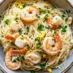 Shrimp scampi angel hair pasta - the image is a close-up of a bowl of spaghetti with shrimp and lemon zest. the spaghetti is cooked al dente and is garnished with chopped parsley and garlic cloves. the shrimp are large and pink, and they are arranged in a circular pattern on top of the spaghetti. the dish is served in a light brown bowl with a white rim. the background is a white wooden table.