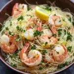 Shrimp scampi angel hair pasta - the image shows a bowl of spaghetti with shrimp and lemon wedges. the spaghetti is cooked al dente and is garnished with chopped parsley. the shrimp are large and pink, and they are arranged in a circular pattern on top of the spaghetti. the dish is served in a brown bowl with a white napkin on the side. the background is a dark grey countertop.