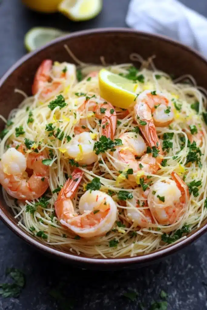 Shrimp scampi angel hair pasta - the image shows a bowl of spaghetti with shrimp and lemon wedges. the spaghetti is cooked al dente and is garnished with chopped parsley. the shrimp are large and pink, and they are arranged in a circular pattern on top of the spaghetti. the dish is served in a brown bowl with a white napkin on the side. the background is a dark grey countertop.