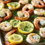 Shrimp sheet pan lemon - the image shows a baking tray lined with parchment paper. on the tray, there are several cooked shrimp arranged in a single layer. the shrimp are pink and appear to be seasoned with herbs and lemon wedges. the tray is sitting on a black countertop.