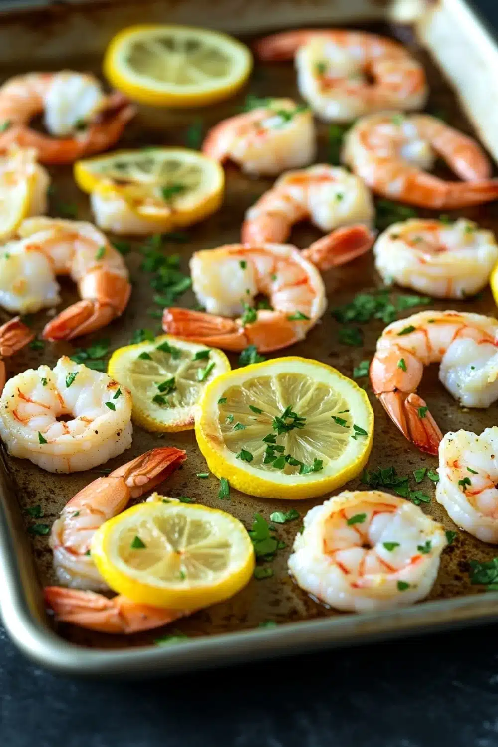 Shrimp sheet pan lemon - the image shows a baking tray lined with parchment paper. on the tray, there are several cooked shrimp arranged in a single layer. the shrimp are pink and appear to be seasoned with herbs and lemon wedges. the tray is sitting on a black countertop.