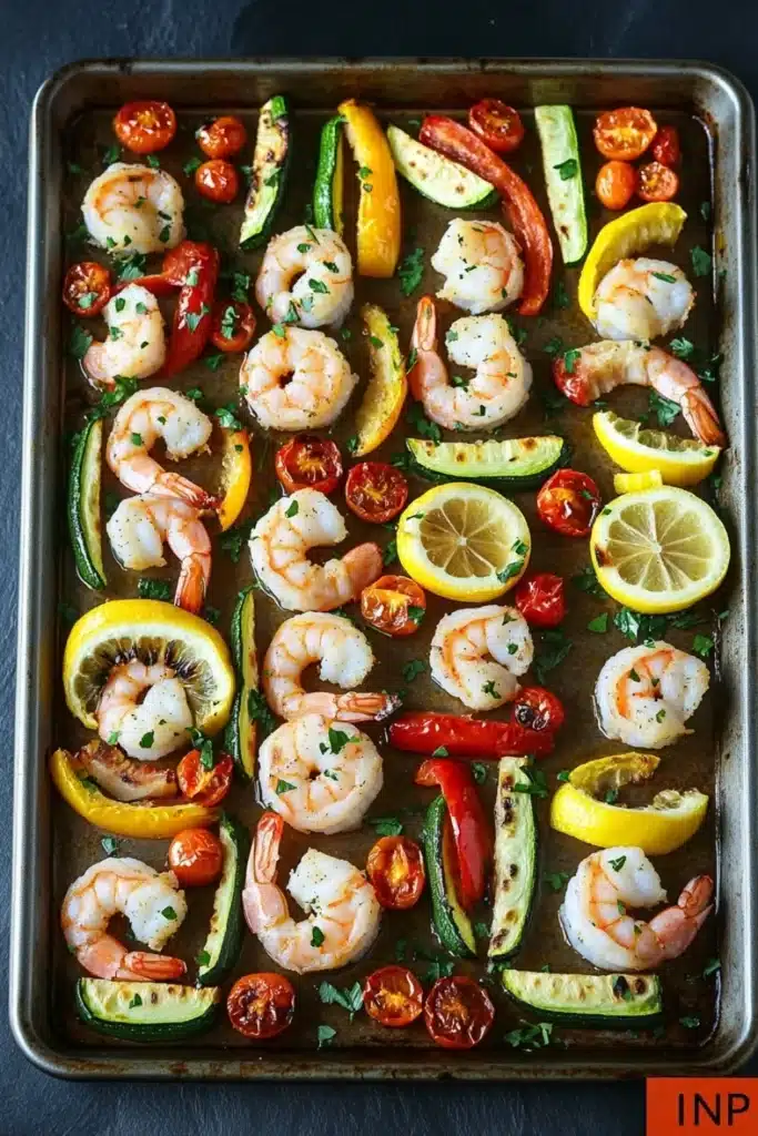 Shrimp sheet pan lemon - the image shows a baking tray filled with cooked shrimp and vegetables. the shrimp are arranged in a circular pattern on the tray, with some overlapping each other. the vegetables include sliced zucchini, cherry tomatoes, and cherry tomatoes. there are also slices of lemon scattered throughout the tray. the tray is lined with parchment paper, and the background is a dark grey countertop. the overall presentation of the dish is colorful and appetizing.