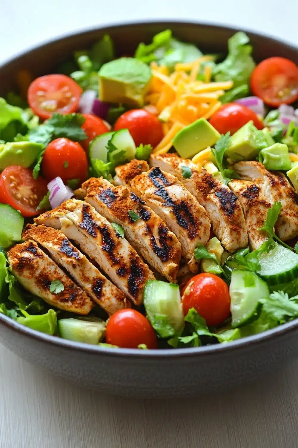Siracha lime chicken chopped salad - the image is a close-up of a large bowl of salad. the salad is made up of various types of vegetables, including lettuce, cherry tomatoes, cucumbers, avocado, and shredded cheese. on top of the salad, there are grilled chicken pieces that have been grilled to a golden brown color. the chicken appears to be seasoned with herbs and spices, giving it a savory flavor. the bowl is sitting on a wooden table, and the background is blurred, making the salad the focal point of the image.