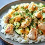 Skillet chicken zucchini and cheesy rice - the image shows a plate of food with a serving of rice and chicken. the rice is white and fluffy, and the chicken is cooked in a creamy orange sauce with chunks of chicken and zucchini scattered throughout. the dish is garnished with fresh parsley. the plate is brown and has a textured surface. the background is blurred, but it appears to be a kitchen countertop.