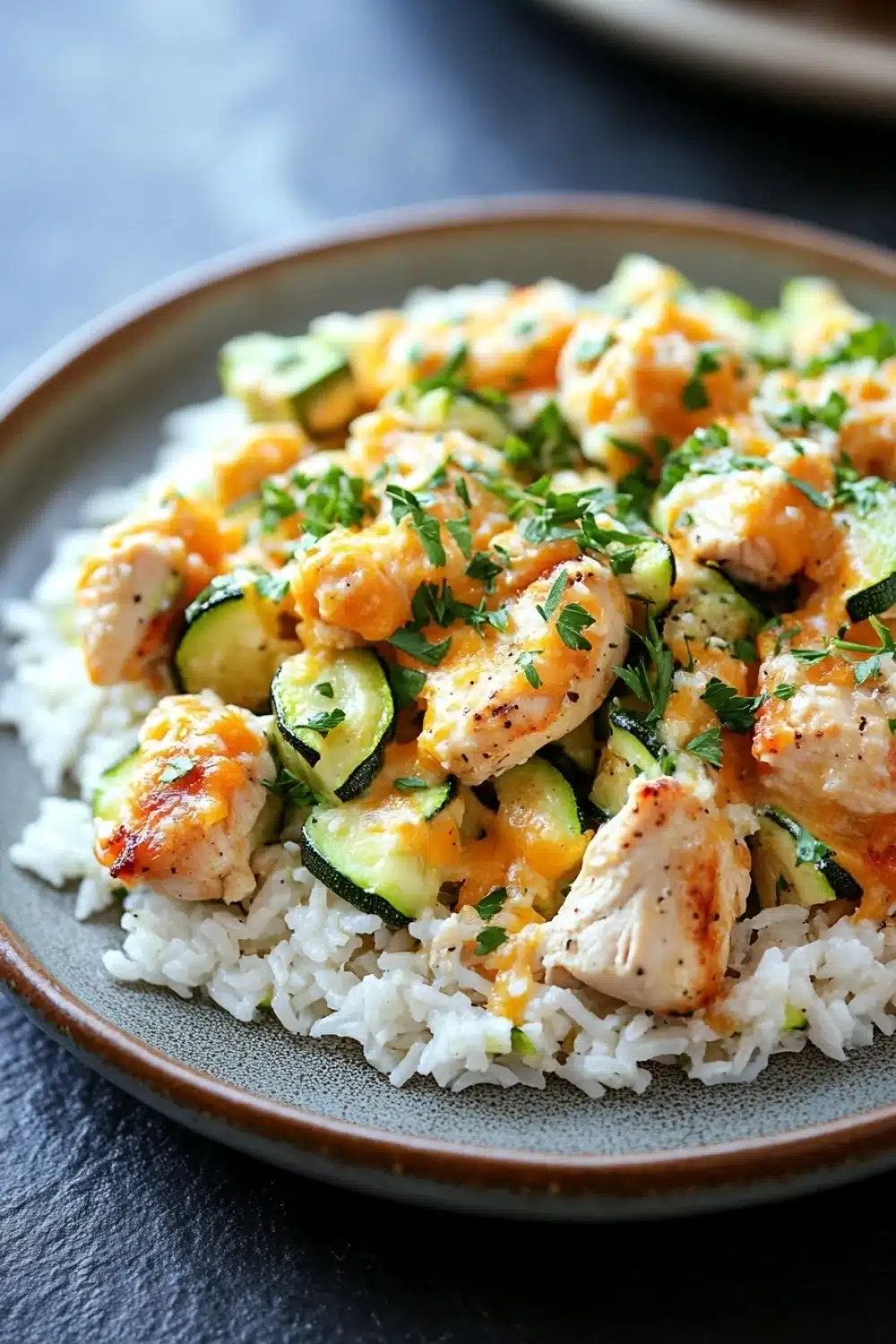 Skillet chicken zucchini and cheesy rice - the image shows a plate of food with a serving of rice and chicken. the rice is white and fluffy, and the chicken is cooked in a creamy orange sauce with chunks of chicken and zucchini scattered throughout. the dish is garnished with fresh parsley. the plate is brown and has a textured surface. the background is blurred, but it appears to be a kitchen countertop.